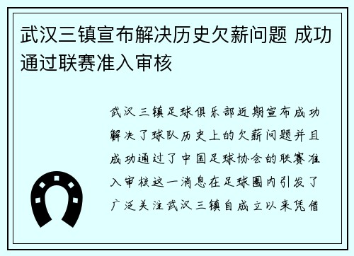 武汉三镇宣布解决历史欠薪问题 成功通过联赛准入审核 武汉三镇宣布解决历史欠薪问题 成功通过联赛准入审核